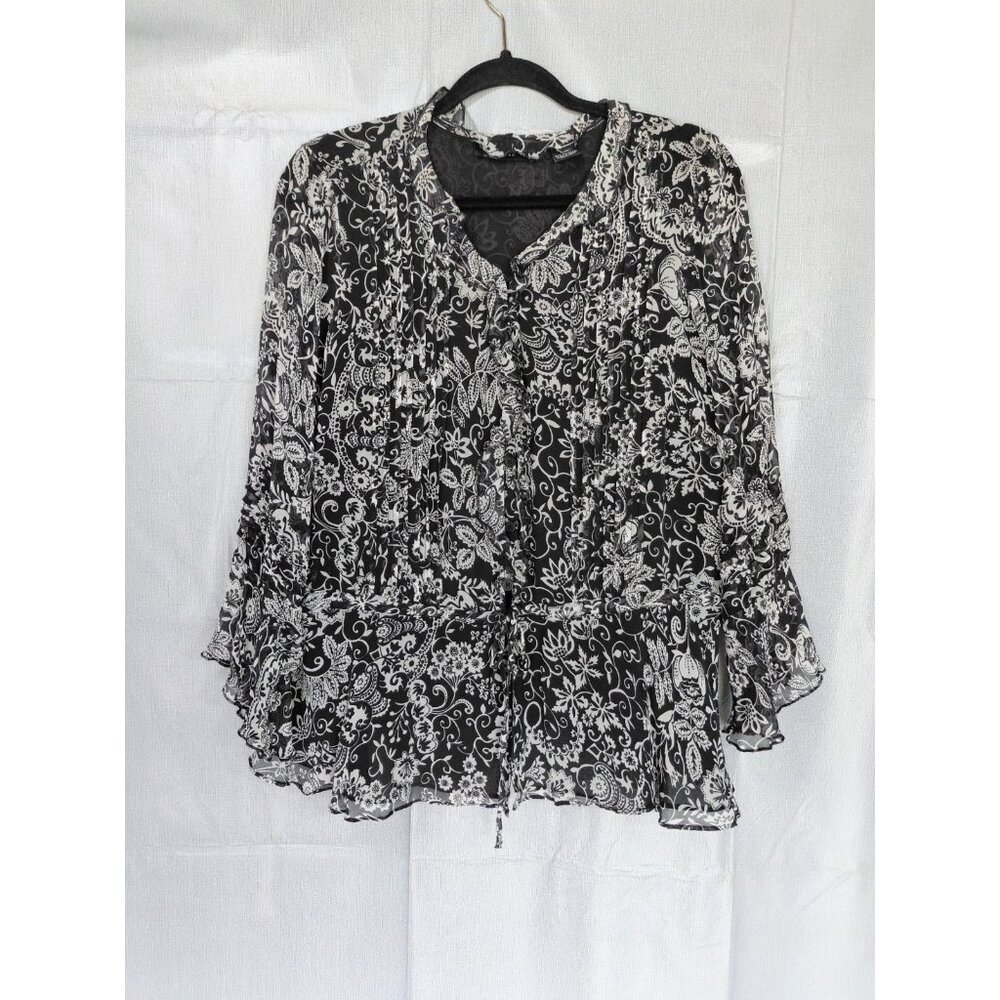 New York City Design‎ Co Woman Silk Floral Blouse 1X Button Down Peplum Fairy